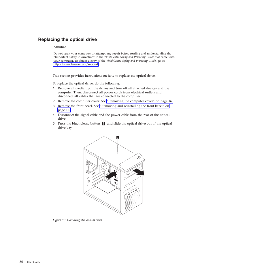 Replacing the optical drive | Lenovo 5393 User Manual | Page 38 / 94