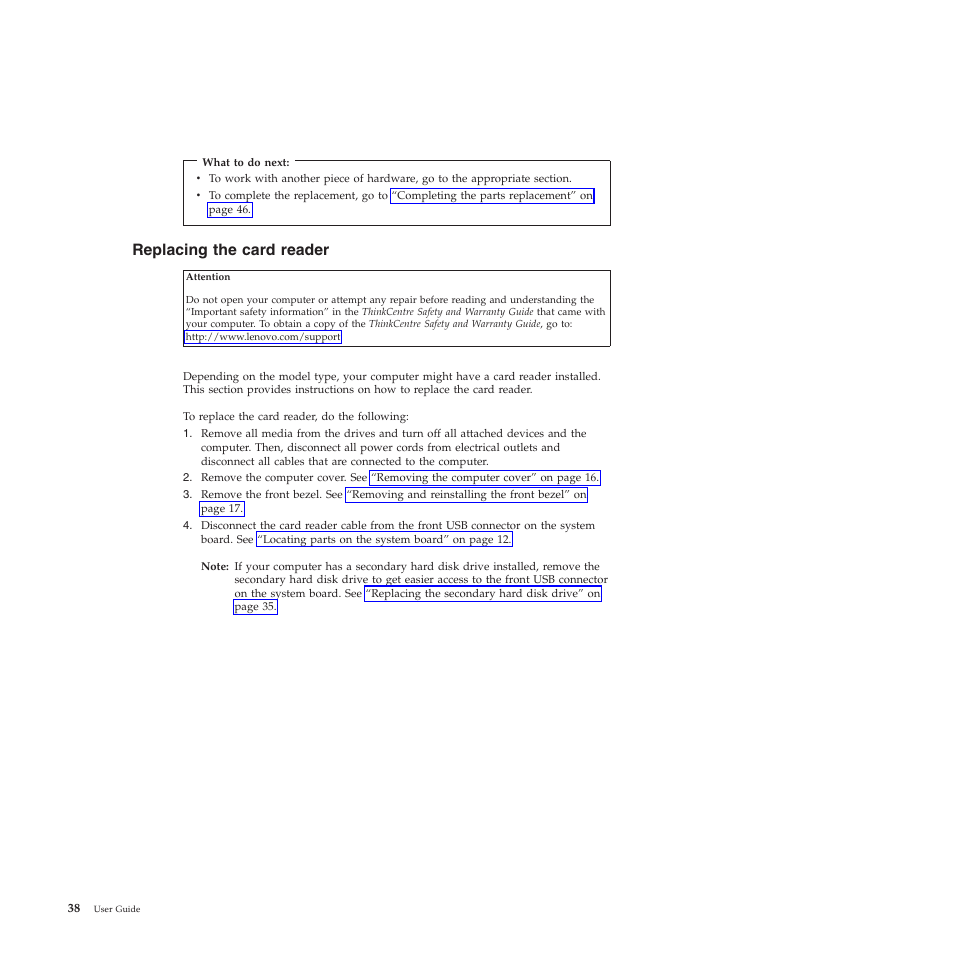 Replacing the card reader | Lenovo 5393 User Manual | Page 46 / 94