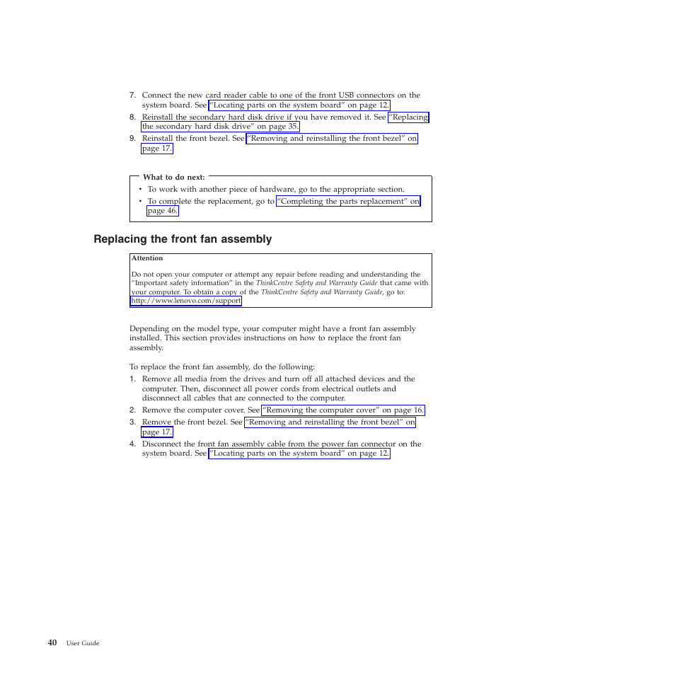 Replacing the front fan assembly | Lenovo 5393 User Manual | Page 48 / 94