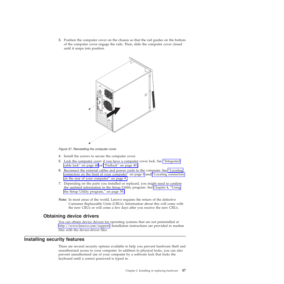 Obtaining device drivers, Installing security features | Lenovo 5393 User Manual | Page 55 / 94