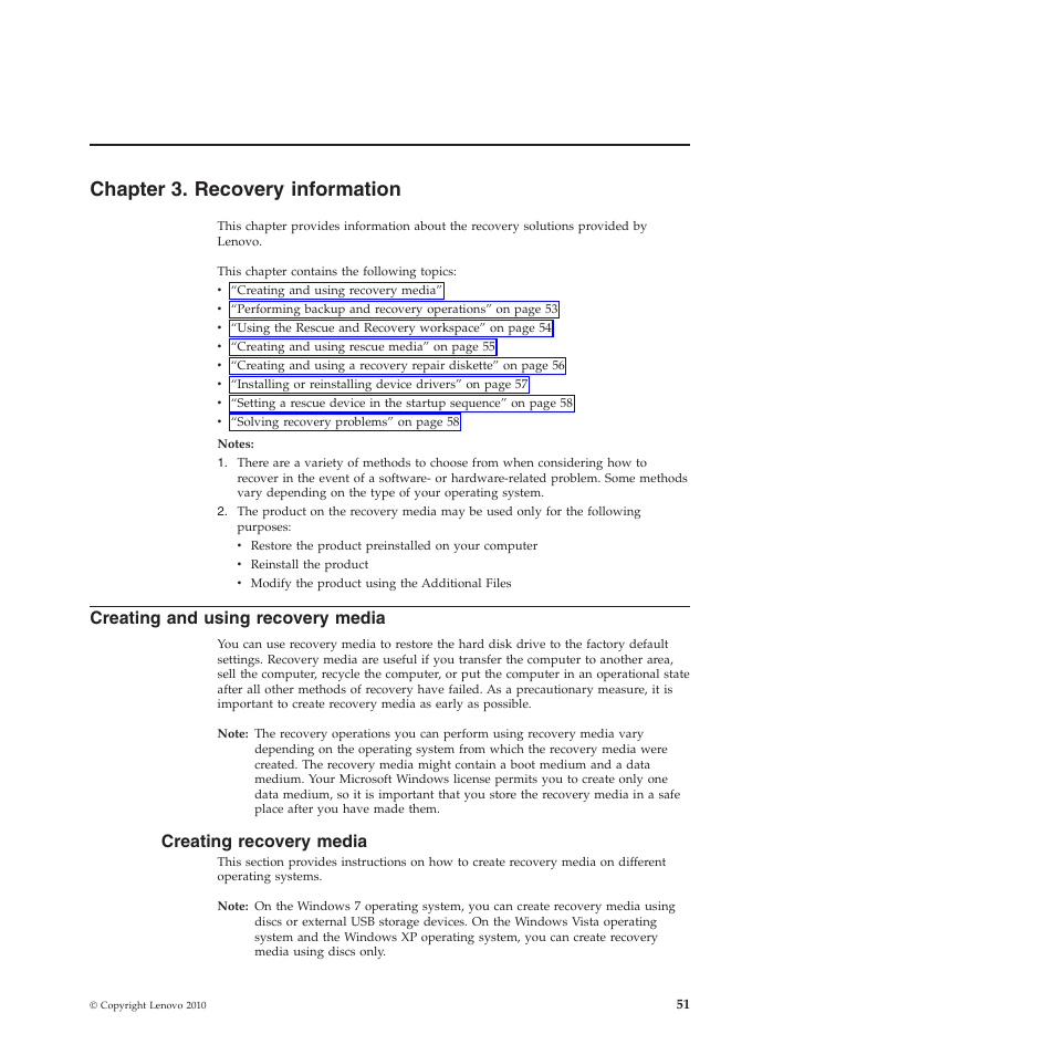 Chapter 3. recovery information, Creating and using recovery media, Creating recovery media | Lenovo 5393 User Manual | Page 59 / 94