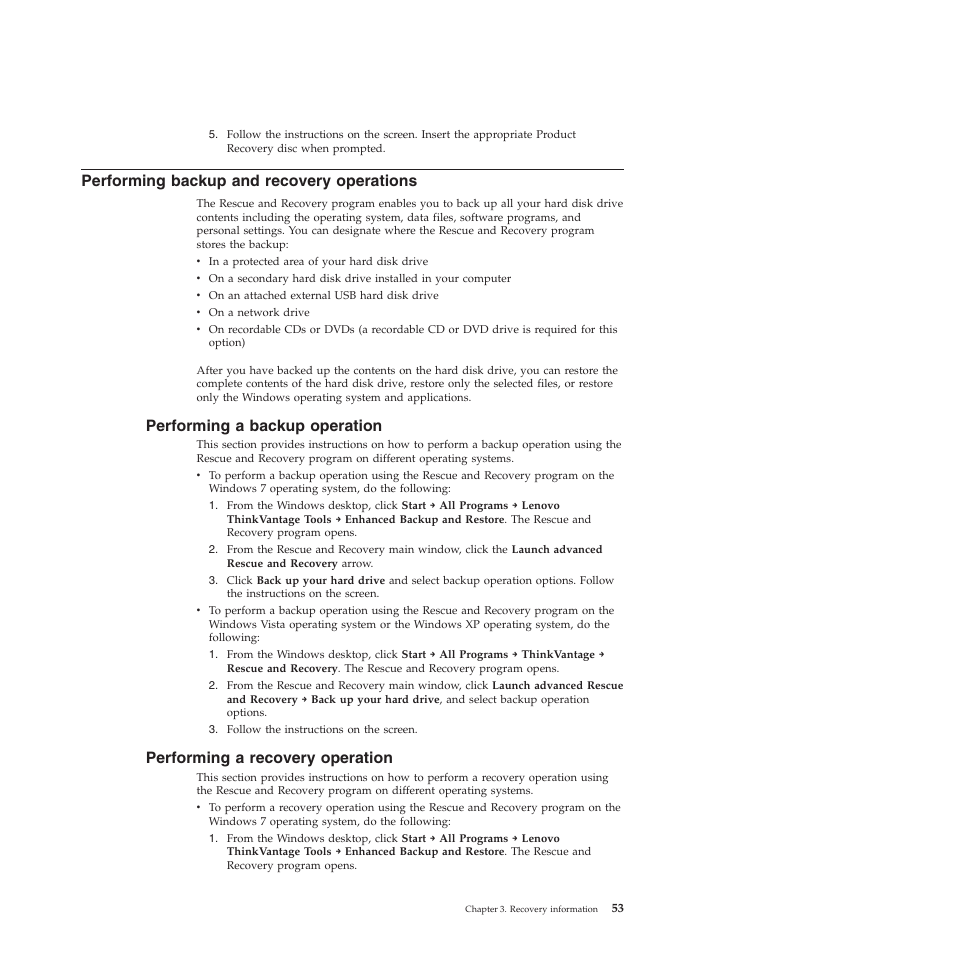 Performing backup and recovery operations, Performing a backup operation, Performing a recovery operation | Lenovo 5393 User Manual | Page 61 / 94