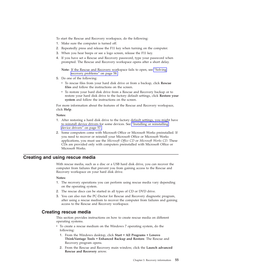 Creating and using rescue media, Creating rescue media | Lenovo 5393 User Manual | Page 63 / 94