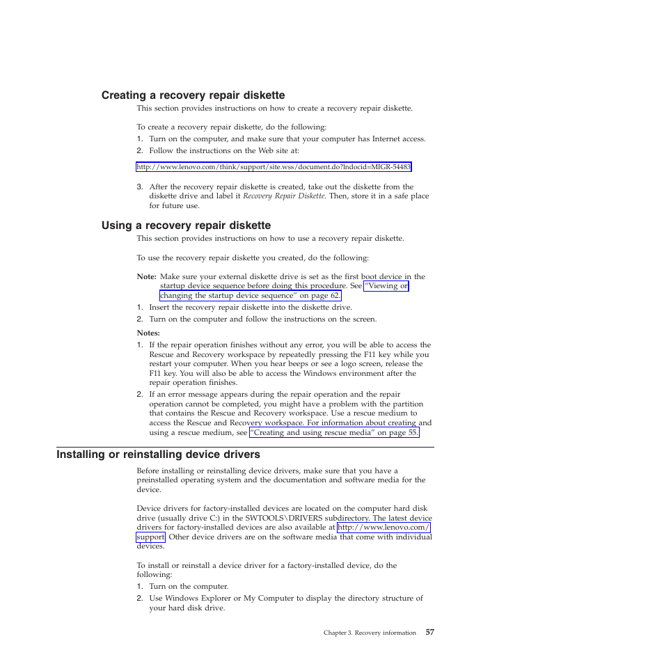 Creating a recovery repair diskette, Using a recovery repair diskette, Installing or reinstalling device drivers | Lenovo 5393 User Manual | Page 65 / 94