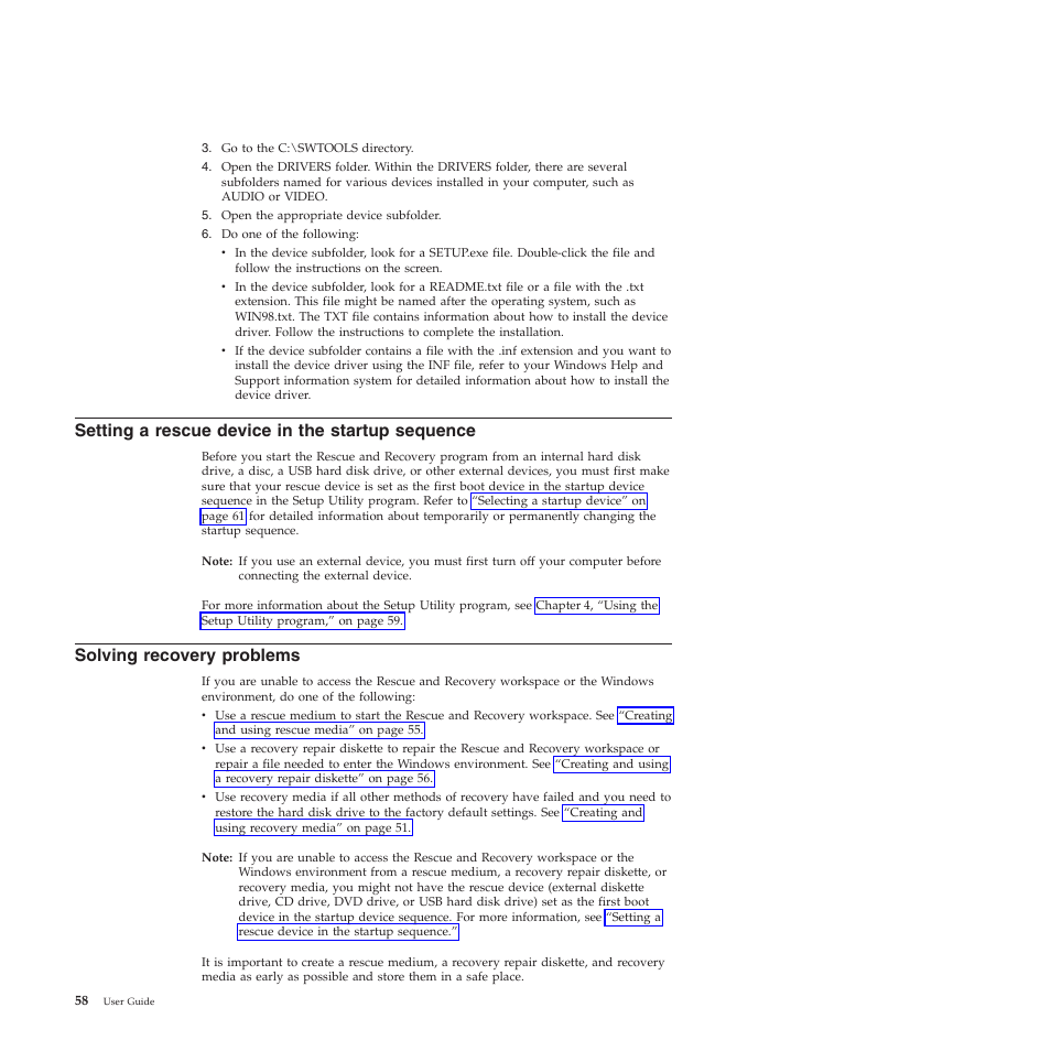 Setting a rescue device in the startup sequence, Solving recovery problems | Lenovo 5393 User Manual | Page 66 / 94