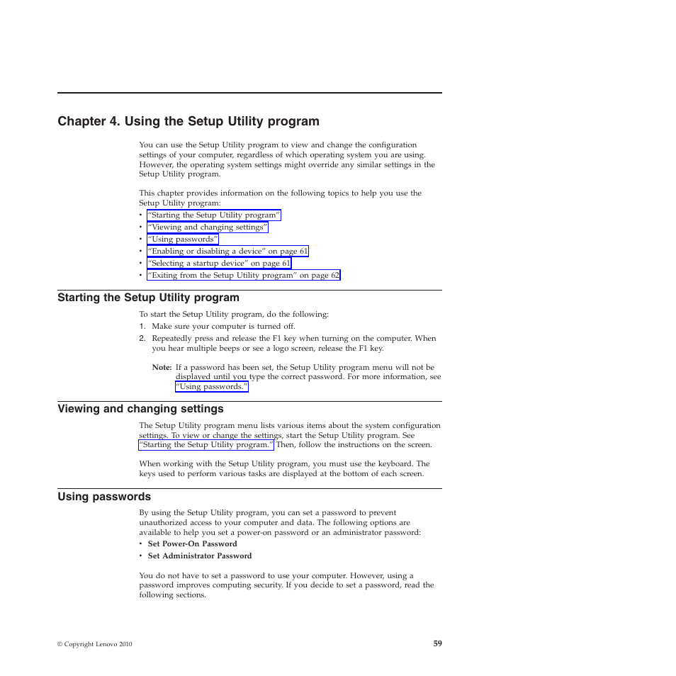 Chapter 4. using the setup utility program, Starting the setup utility program, Viewing and changing settings | Using passwords | Lenovo 5393 User Manual | Page 67 / 94