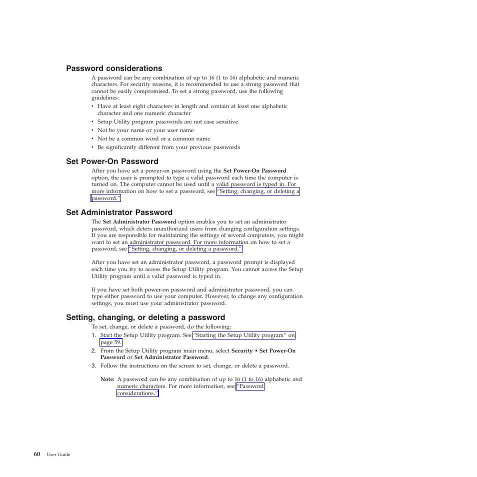 Password considerations, Set power-on password, Set administrator password | Setting, changing, or deleting a password | Lenovo 5393 User Manual | Page 68 / 94