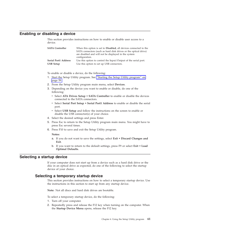 Enabling or disabling a device, Selecting a startup device, Selecting a temporary startup device | Lenovo 5393 User Manual | Page 69 / 94