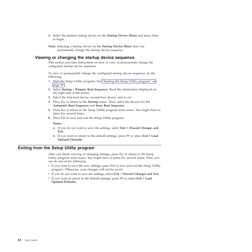 Viewing or changing the startup device sequence, Exiting from the setup utility program, Viewing or changing the startup device sequence 62 | Lenovo 5393 User Manual | Page 70 / 94