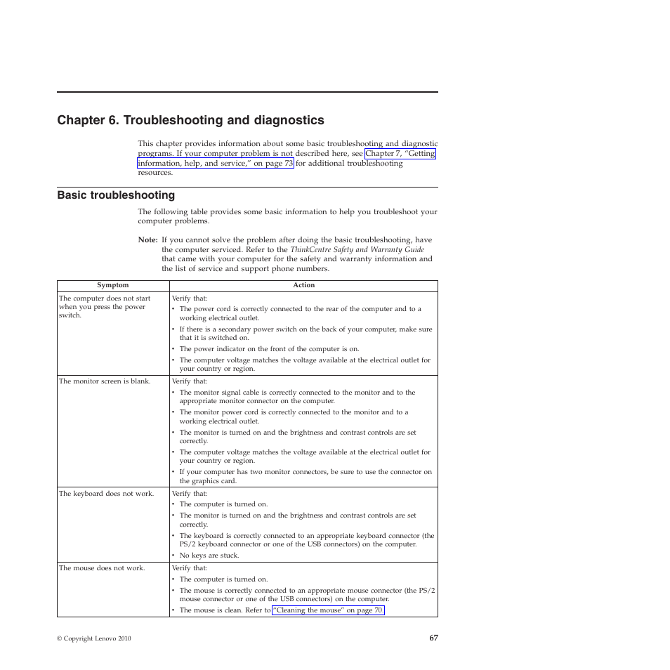 Chapter 6. troubleshooting and diagnostics, Basic troubleshooting | Lenovo 5393 User Manual | Page 75 / 94