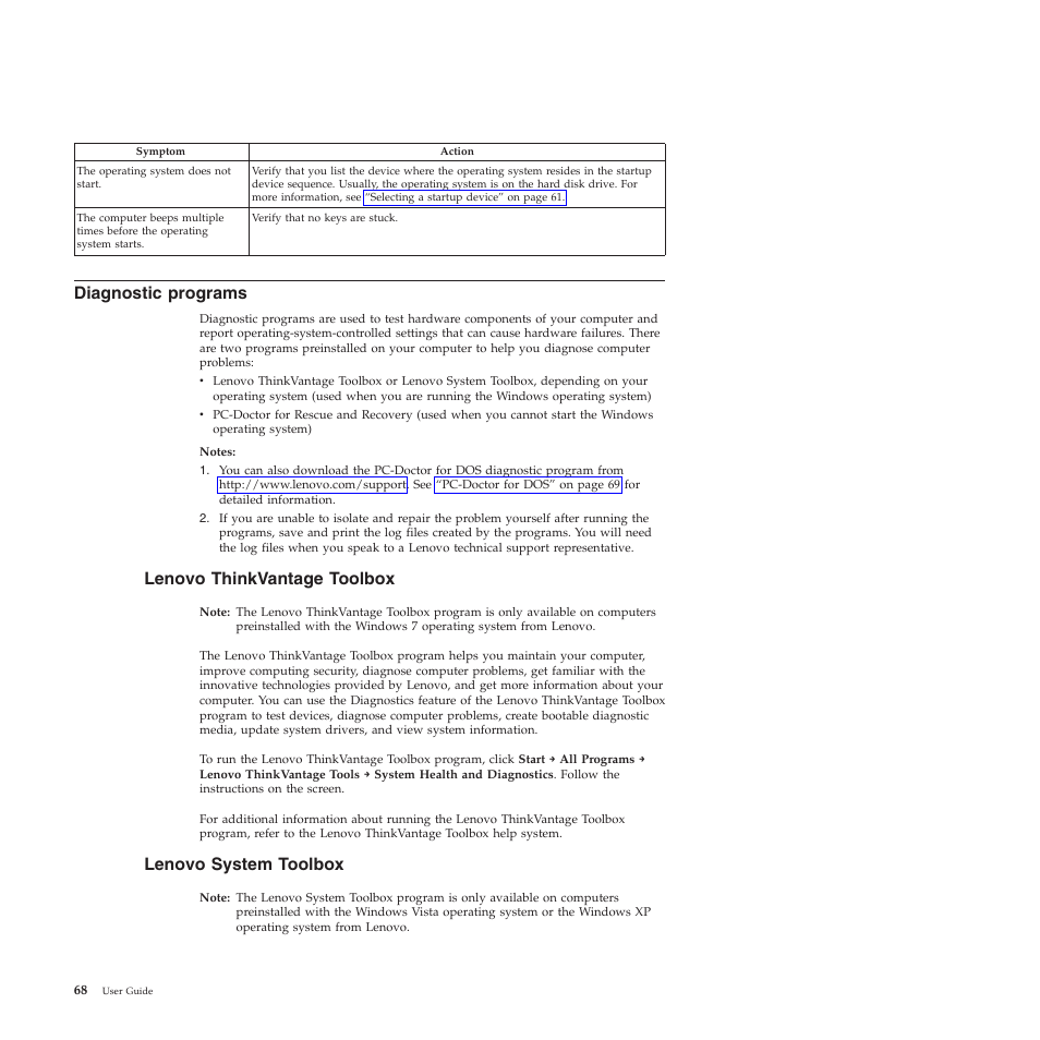 Diagnostic programs, Lenovo thinkvantage toolbox, Lenovo system toolbox | Lenovo 5393 User Manual | Page 76 / 94