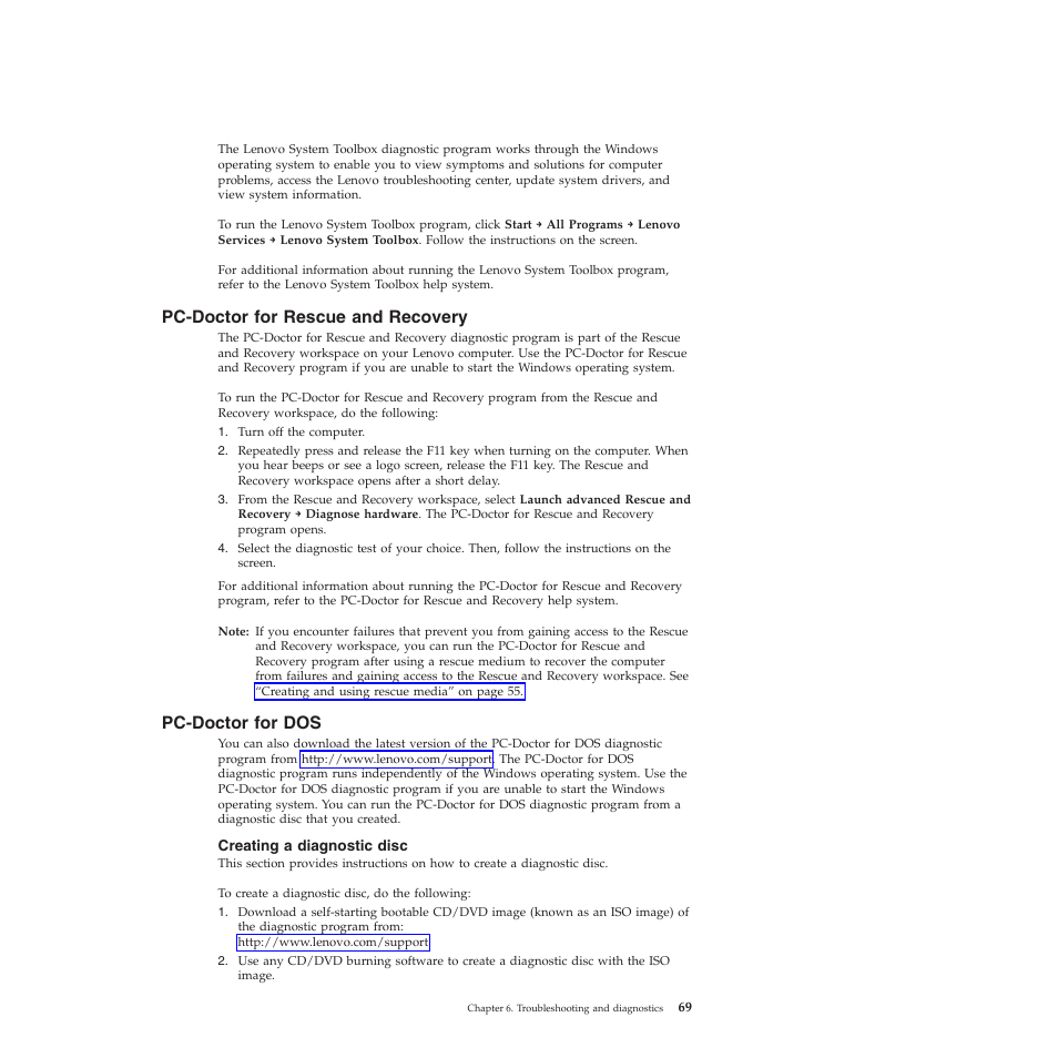 Pc-doctor for rescue and recovery, Pc-doctor for dos, Creating a diagnostic disc | Lenovo 5393 User Manual | Page 77 / 94