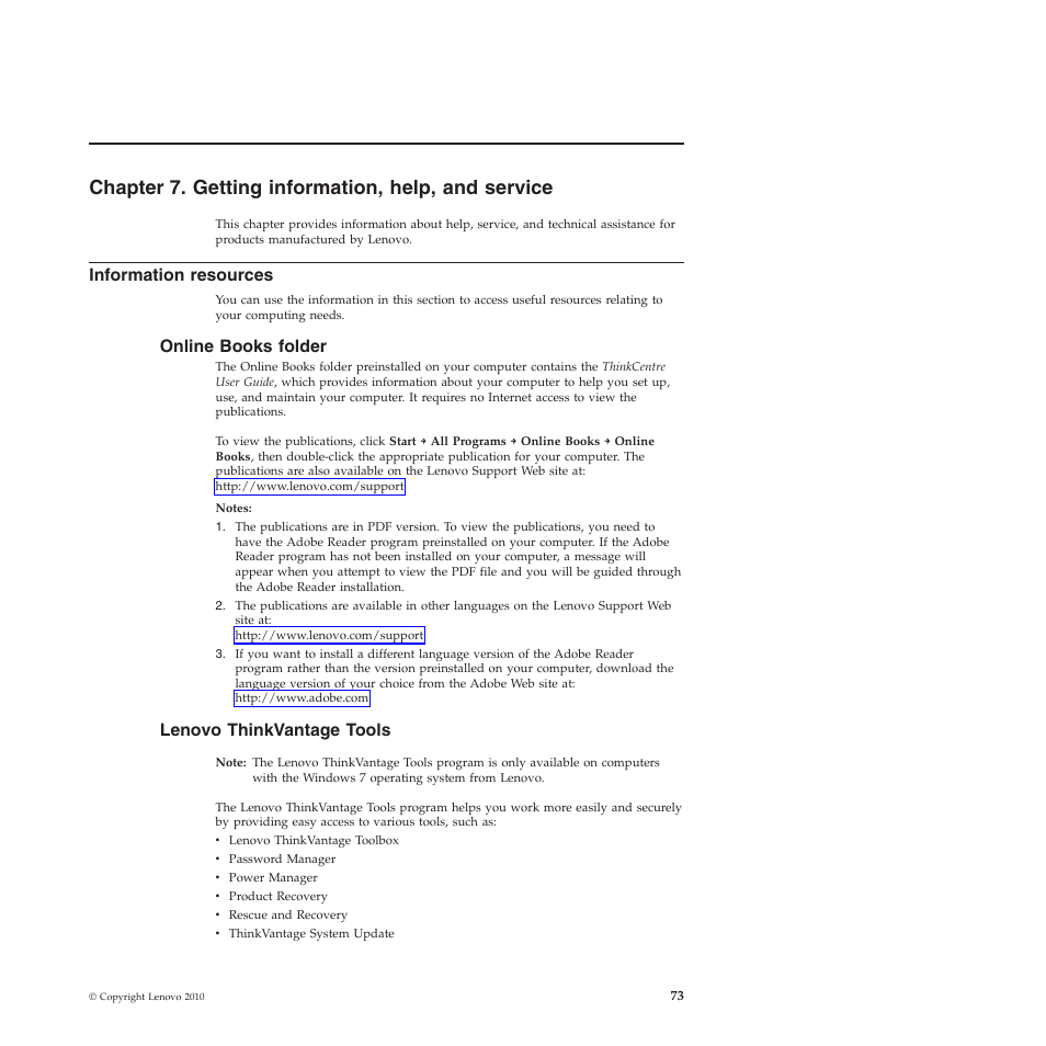 Chapter 7. getting information, help, and service, Information resources, Online books folder | Lenovo thinkvantage tools | Lenovo 5393 User Manual | Page 81 / 94