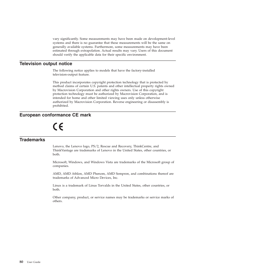 Television output notice, European conformance ce mark, Trademarks | Lenovo 5393 User Manual | Page 88 / 94