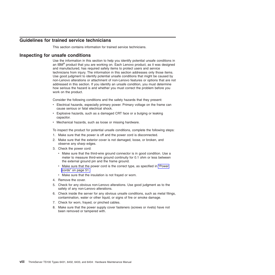 Guidelines for trained service technicians, Inspecting for unsafe conditions, Viii | Lenovo TS100 User Manual | Page 10 / 284