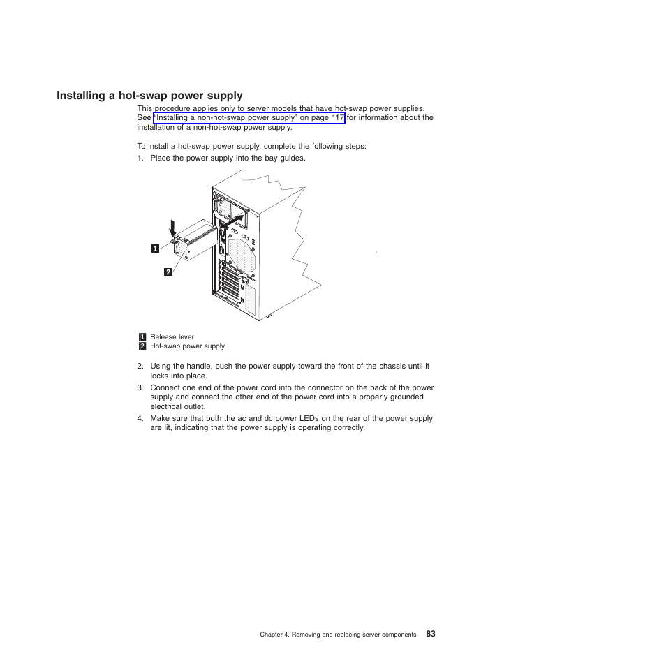 Installing a hot-swap power supply | Lenovo TS100 User Manual | Page 101 / 284