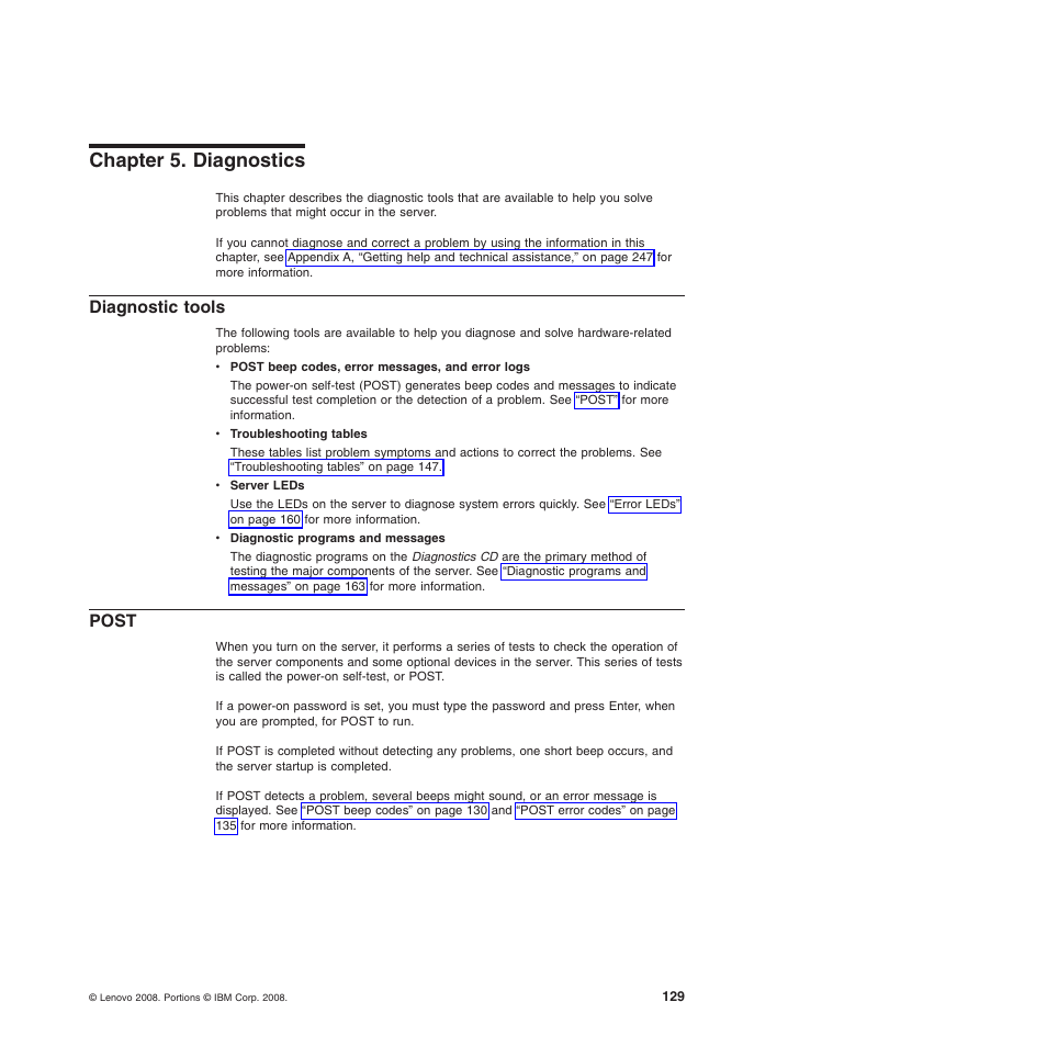 Chapter 5. diagnostics, Diagnostic tools, Post | Chapter 5. diagnostics diagnostic tools post | Lenovo TS100 User Manual | Page 147 / 284