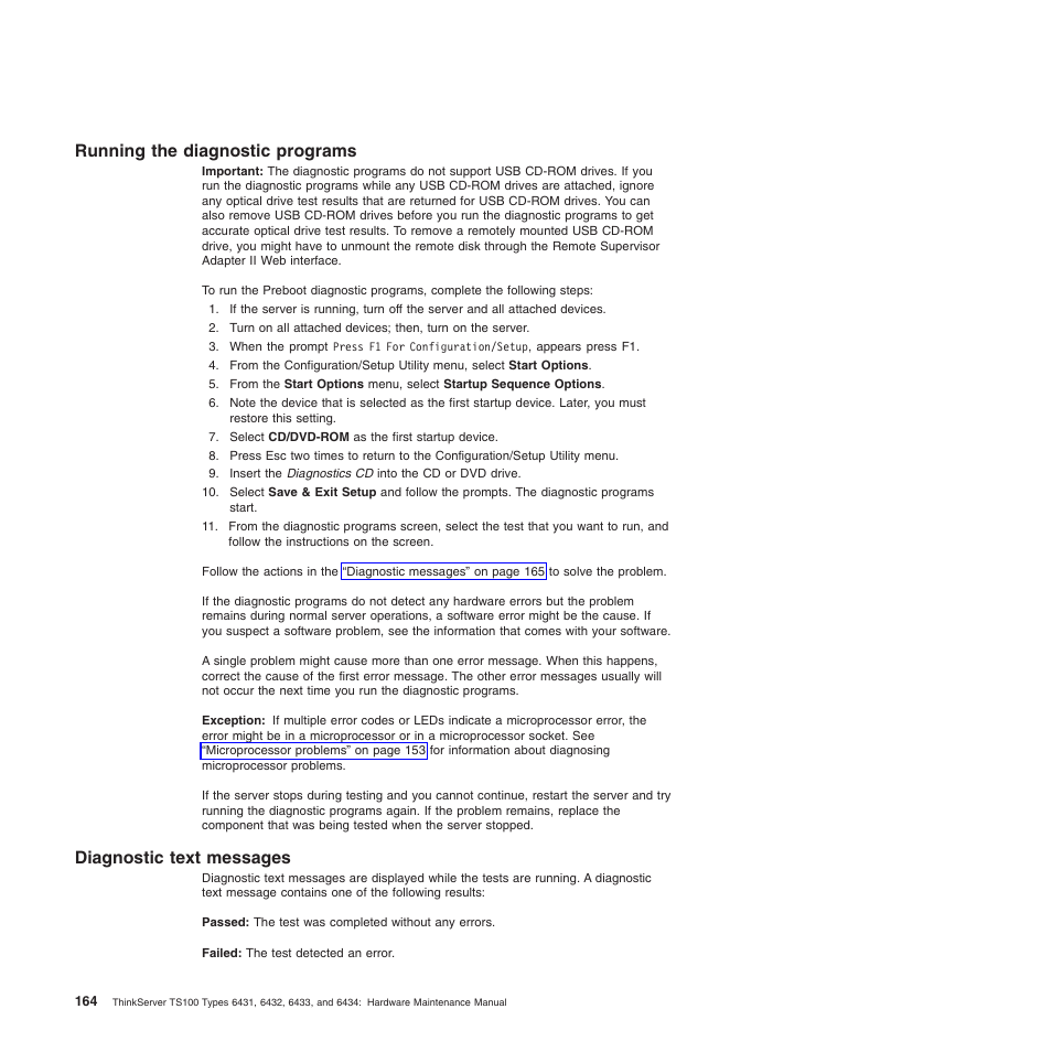 Running the diagnostic programs, Diagnostic text messages | Lenovo TS100 User Manual | Page 182 / 284
