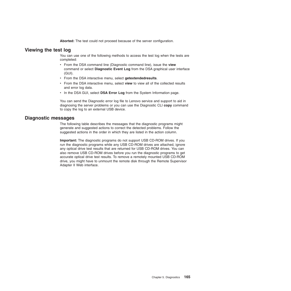 Viewing the test log, Diagnostic messages, Viewing the test log diagnostic messages | Lenovo TS100 User Manual | Page 183 / 284
