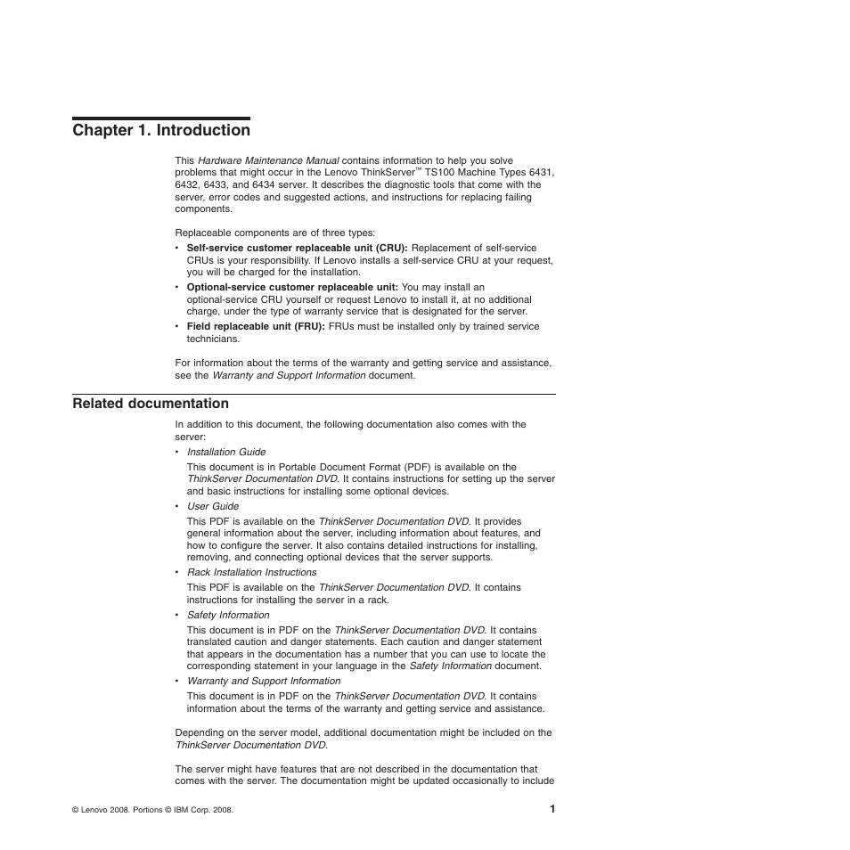 Chapter 1. introduction, Related documentation, Chapter 1. introduction related documentation | Lenovo TS100 User Manual | Page 19 / 284