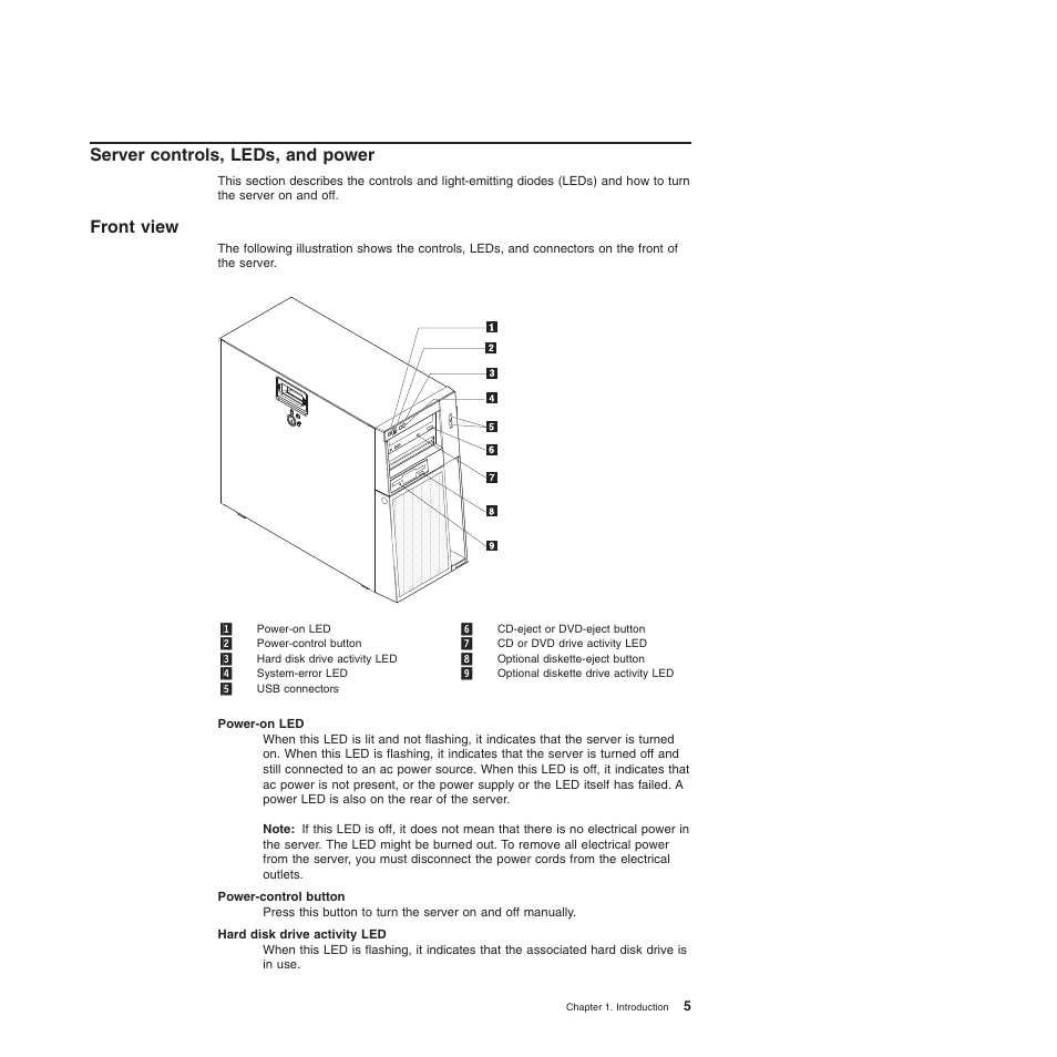 Server controls, leds, and power, Front view | Lenovo TS100 User Manual | Page 23 / 284