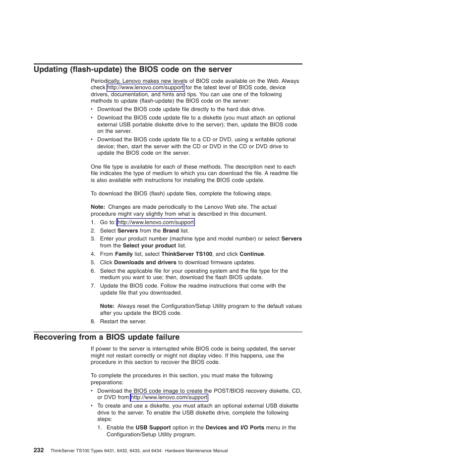 Recovering from a bios update failure, Updating | Lenovo TS100 User Manual | Page 250 / 284
