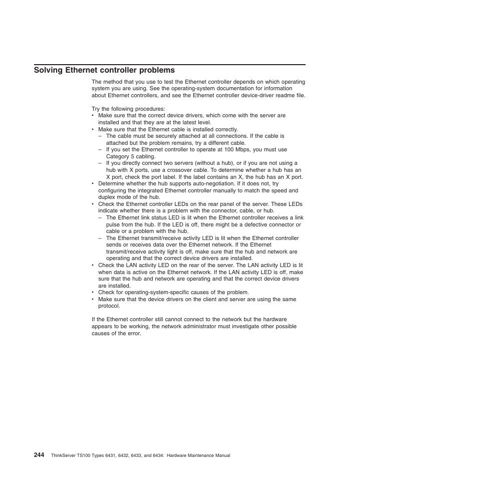 Solving ethernet controller problems | Lenovo TS100 User Manual | Page 262 / 284