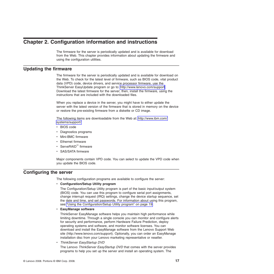 Updating the firmware, Configuring the server | Lenovo TS100 User Manual | Page 35 / 284