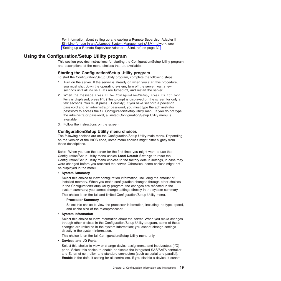 Using the configuration/setup utility program, Starting the configuration/setup utility program, Configuration/setup utility menu choices | Lenovo TS100 User Manual | Page 37 / 284