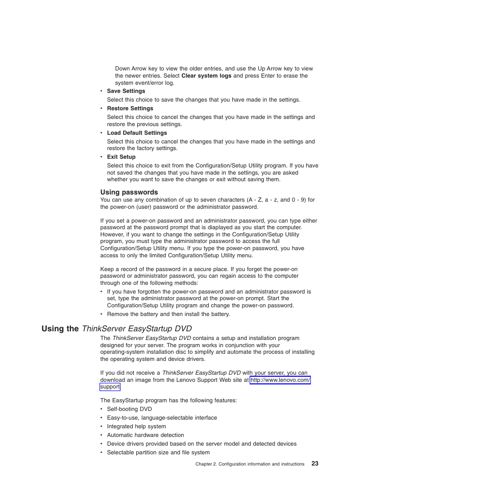 Using passwords, Using the thinkserver easystartup dvd | Lenovo TS100 User Manual | Page 41 / 284