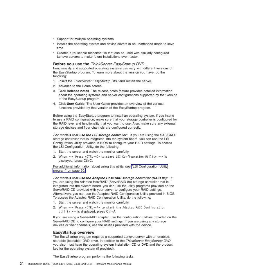 Before you use the thinkserver easystartup dvd, Easystartup overview | Lenovo TS100 User Manual | Page 42 / 284