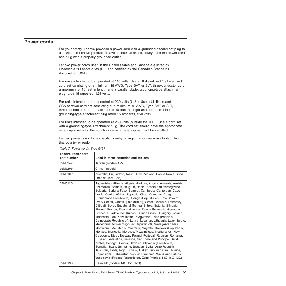 Power cords | Lenovo TS100 User Manual | Page 69 / 284