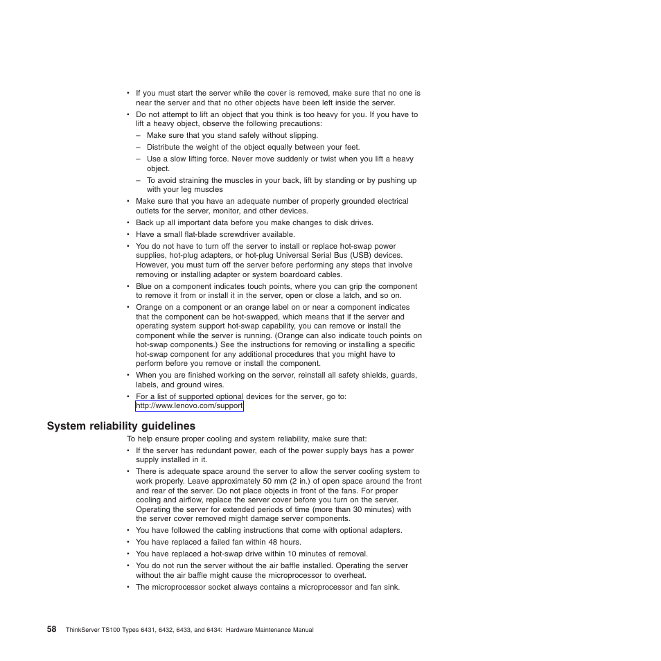 System reliability guidelines | Lenovo TS100 User Manual | Page 76 / 284
