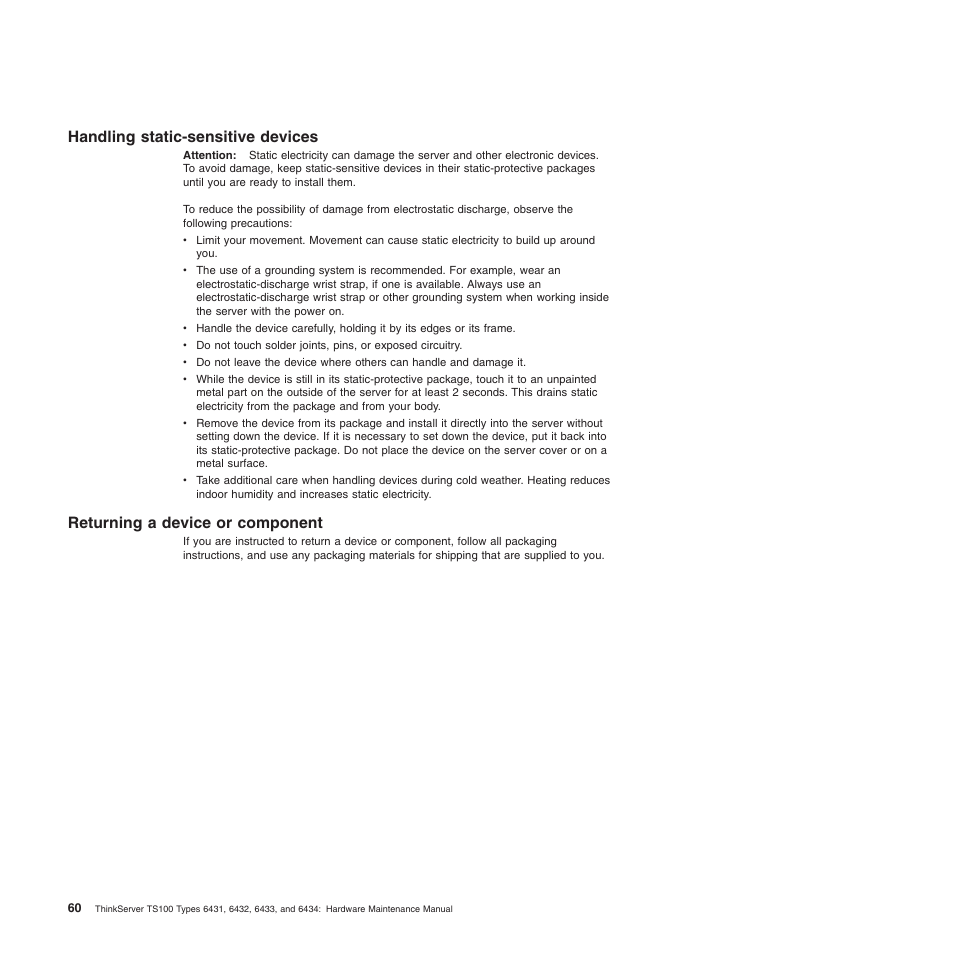 Handling static-sensitive devices, Returning a device or component | Lenovo TS100 User Manual | Page 78 / 284