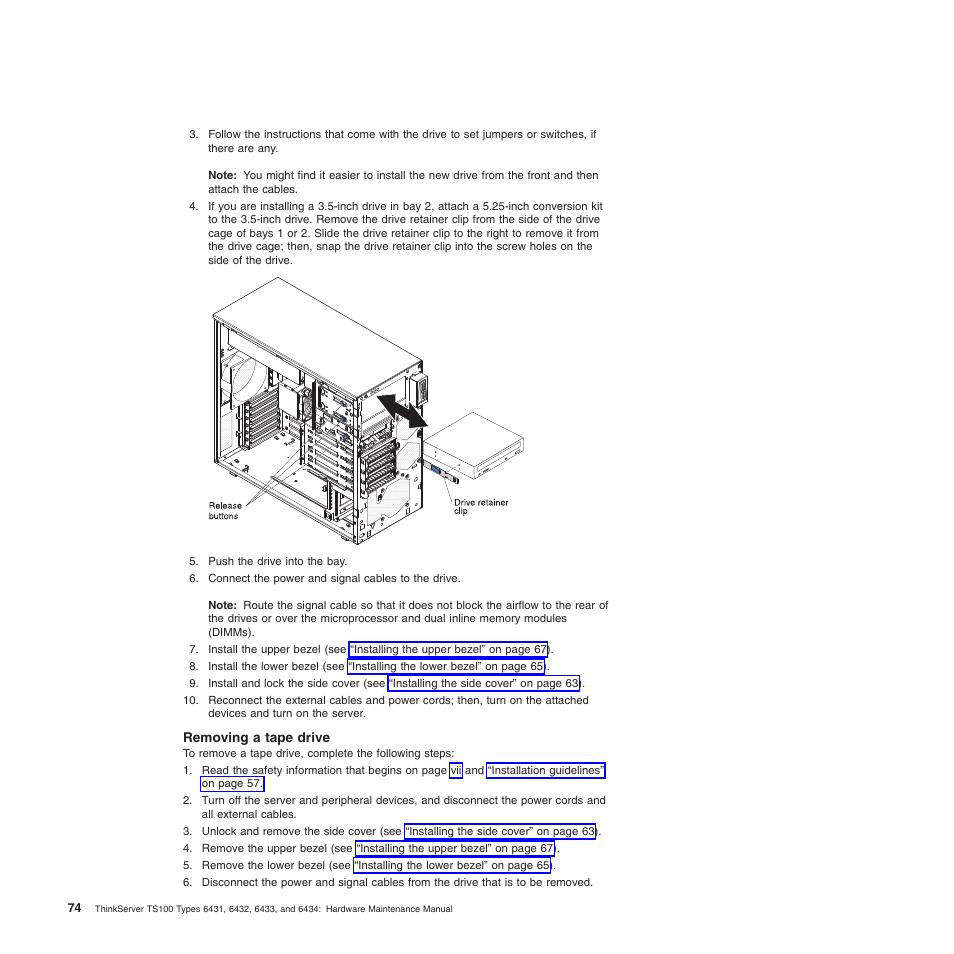 Removing a tape drive | Lenovo TS100 User Manual | Page 92 / 284