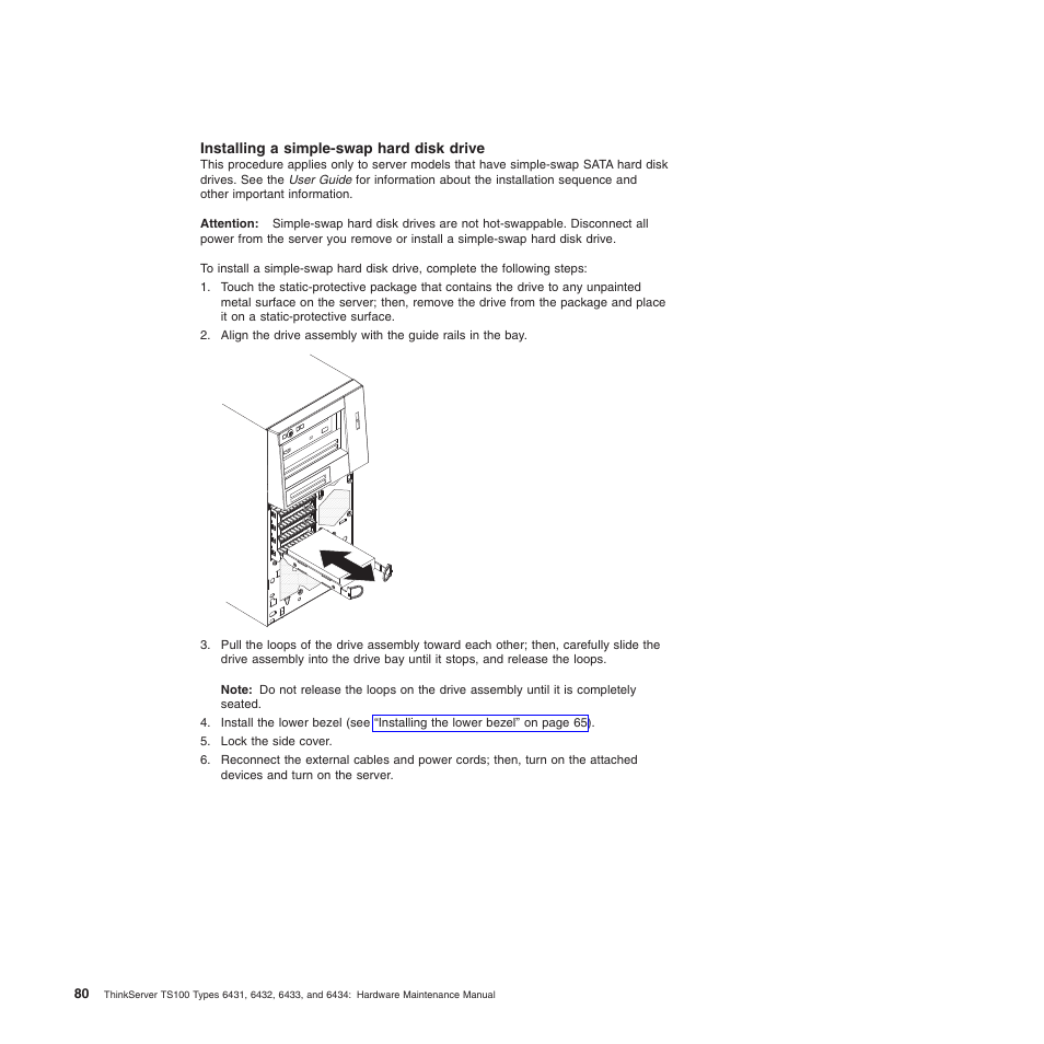 Installing a simple-swap hard disk drive | Lenovo TS100 User Manual | Page 98 / 284