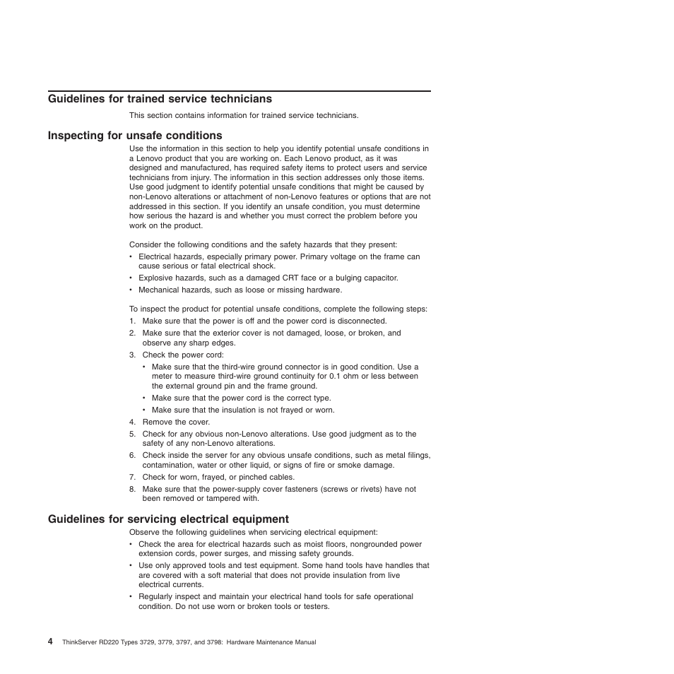 Guidelines for trained service technicians, Inspecting for unsafe conditions, Guidelines for servicing electrical equipment | Lenovo THINKSERVER 3797 User Manual | Page 12 / 266