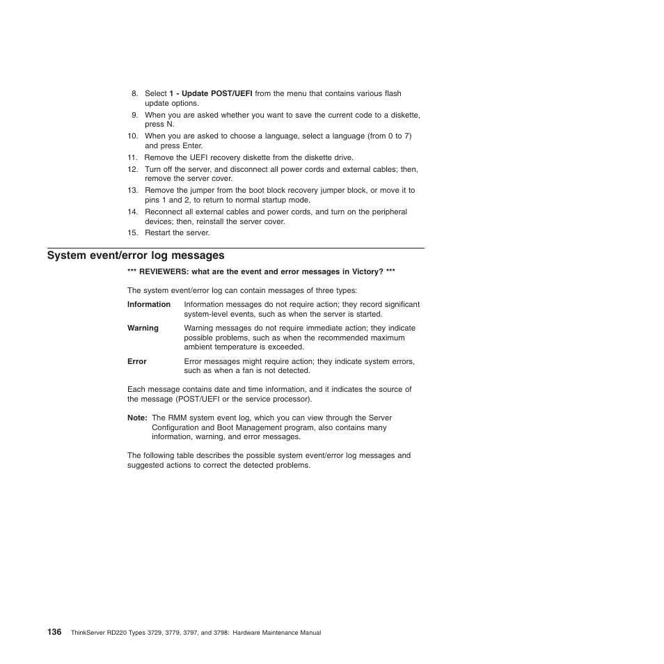 System event/error log messages | Lenovo THINKSERVER 3797 User Manual | Page 144 / 266
