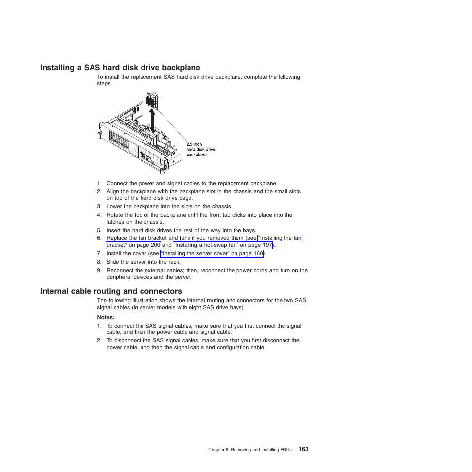 Installing a sas hard disk drive backplane, Internal cable routing and connectors | Lenovo THINKSERVER 3797 User Manual | Page 171 / 266