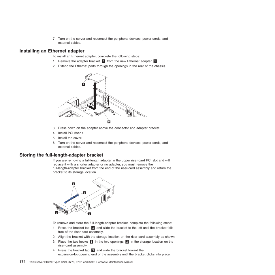 Installing an ethernet adapter, Storing the full-length-adapter bracket | Lenovo THINKSERVER 3797 User Manual | Page 182 / 266