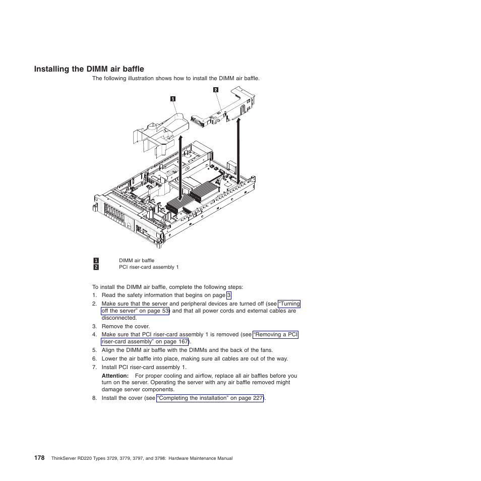 Installing the dimm air baffle | Lenovo THINKSERVER 3797 User Manual | Page 186 / 266