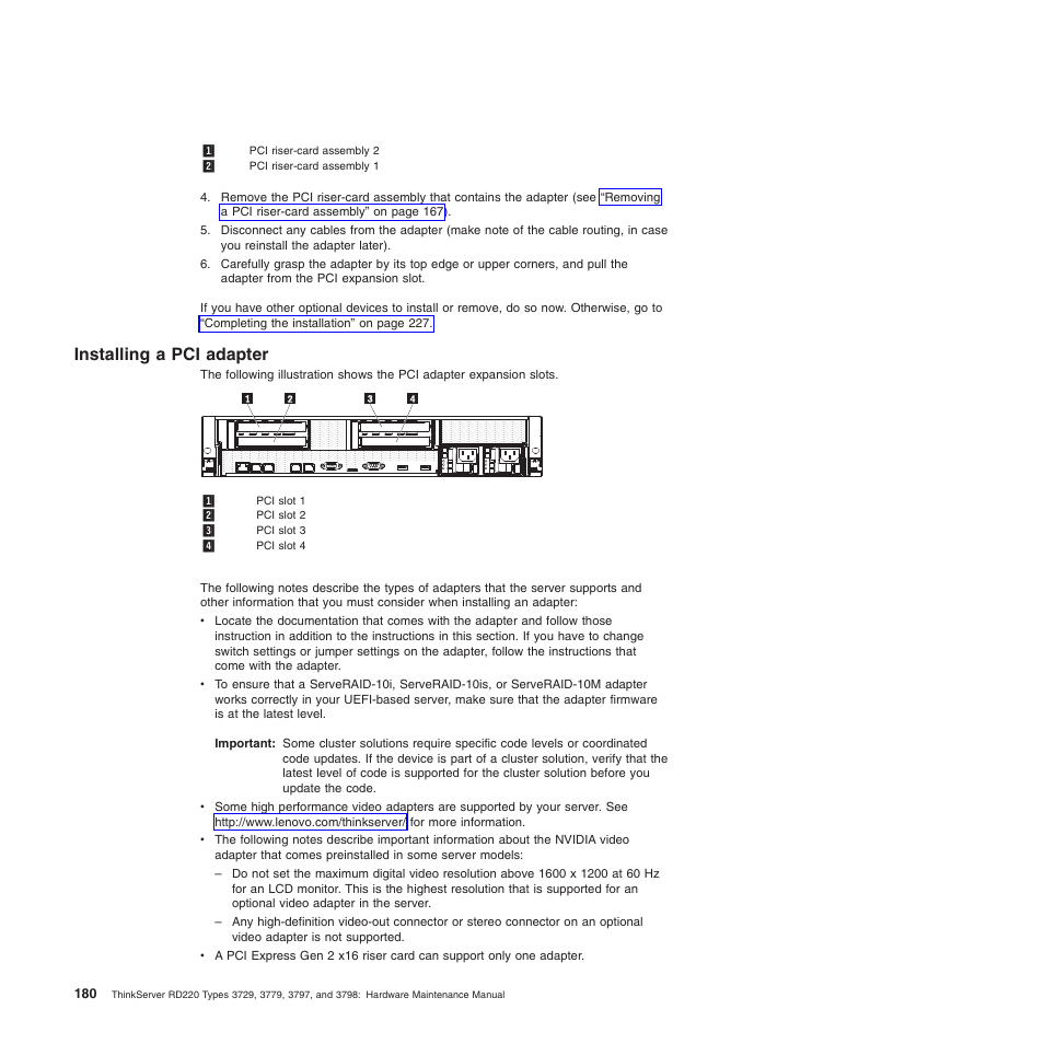 Installing a pci adapter | Lenovo THINKSERVER 3797 User Manual | Page 188 / 266