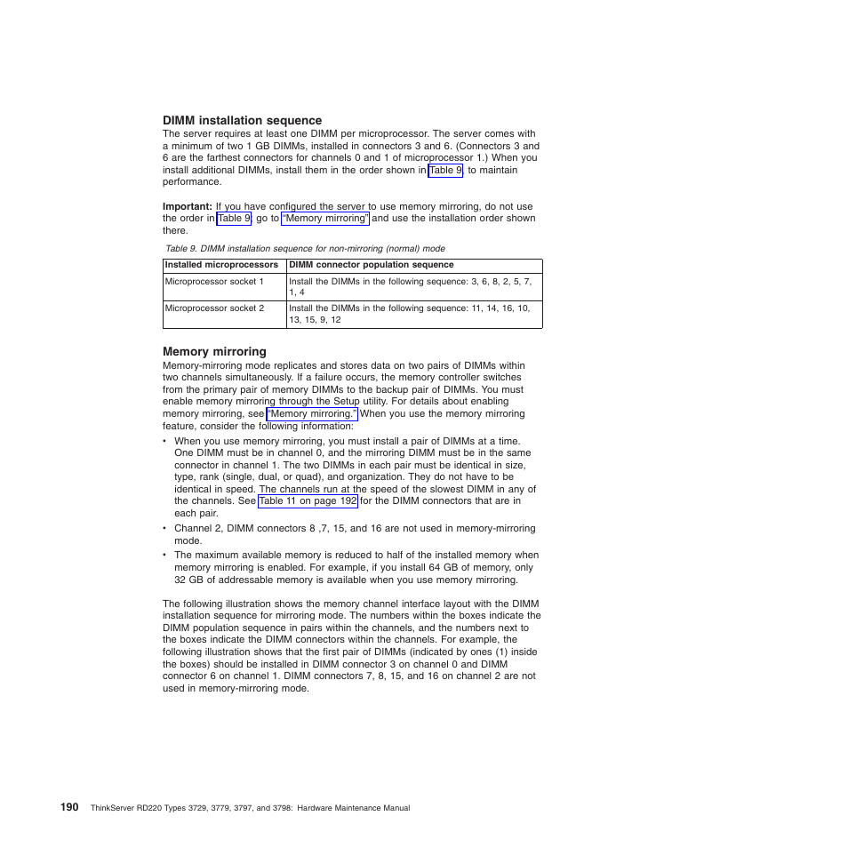 Dimm installation sequence, Memory mirroring | Lenovo THINKSERVER 3797 User Manual | Page 198 / 266