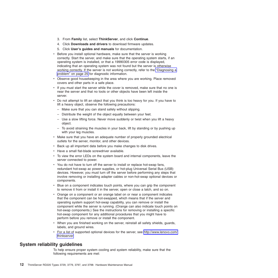 System reliability guidelines | Lenovo THINKSERVER 3797 User Manual | Page 20 / 266