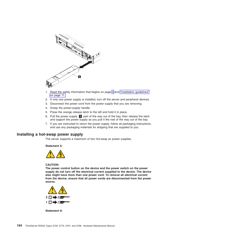 Installing a hot-swap power supply | Lenovo THINKSERVER 3797 User Manual | Page 202 / 266