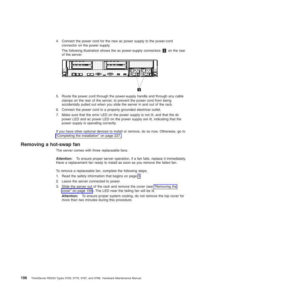 Removing a hot-swap fan | Lenovo THINKSERVER 3797 User Manual | Page 204 / 266