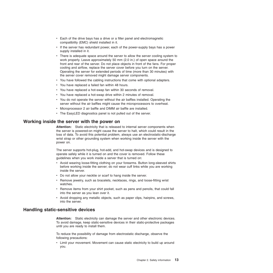 Working inside the server with the power on, Handling static-sensitive devices | Lenovo THINKSERVER 3797 User Manual | Page 21 / 266