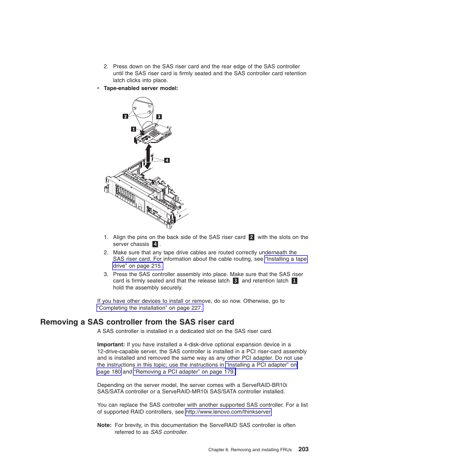Removing a sas controller from the sas riser card | Lenovo THINKSERVER 3797 User Manual | Page 211 / 266