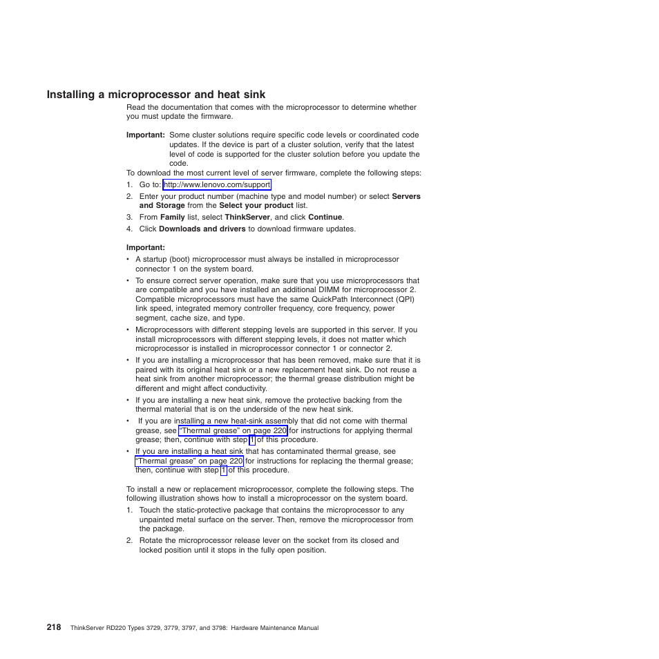Installing a microprocessor and heat sink | Lenovo THINKSERVER 3797 User Manual | Page 226 / 266