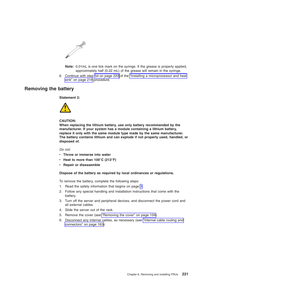 Removing the battery | Lenovo THINKSERVER 3797 User Manual | Page 229 / 266